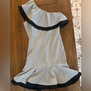 Lucy Paris Striped One-Shoulder Ruffle Hem Dress in Black and White